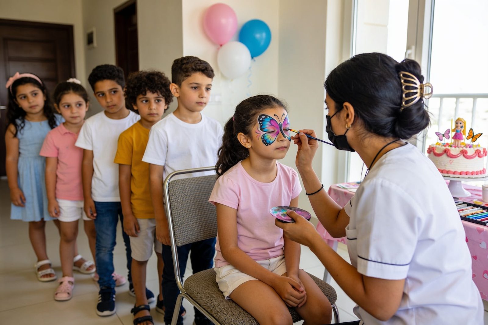 A young girl getting her face painted at a kids party in Dubai