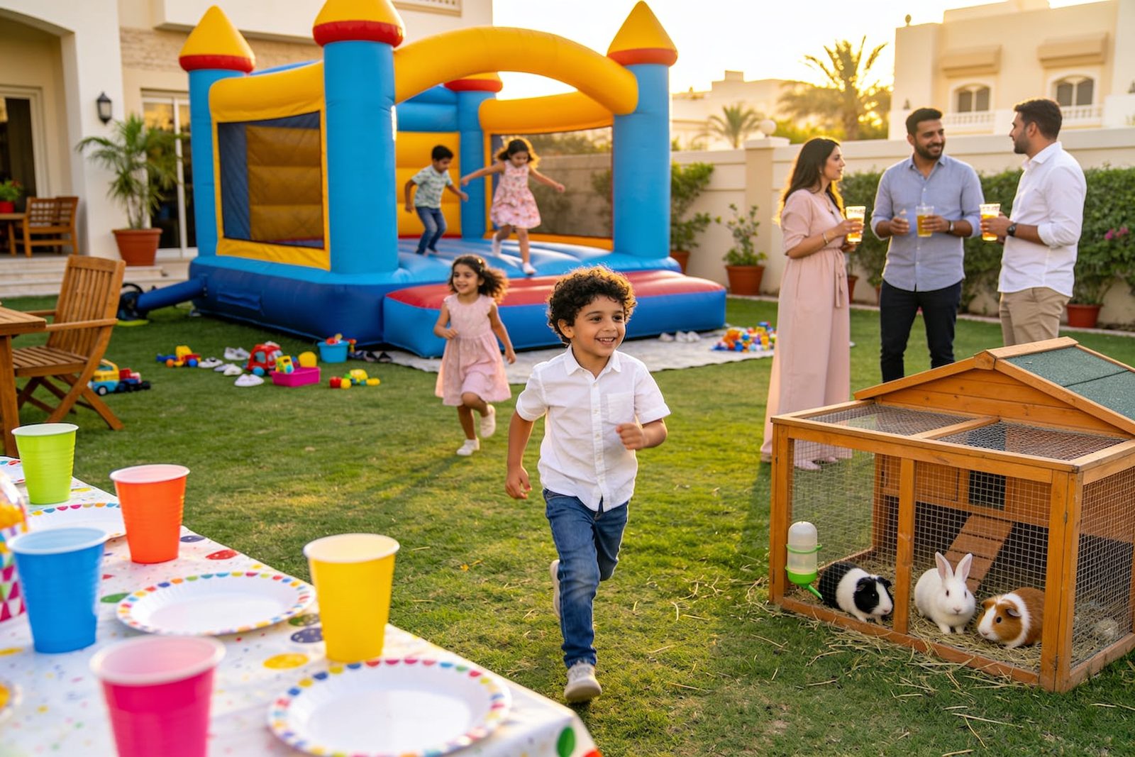A Dubai garden party featuring a bouncy castle and a small petting area