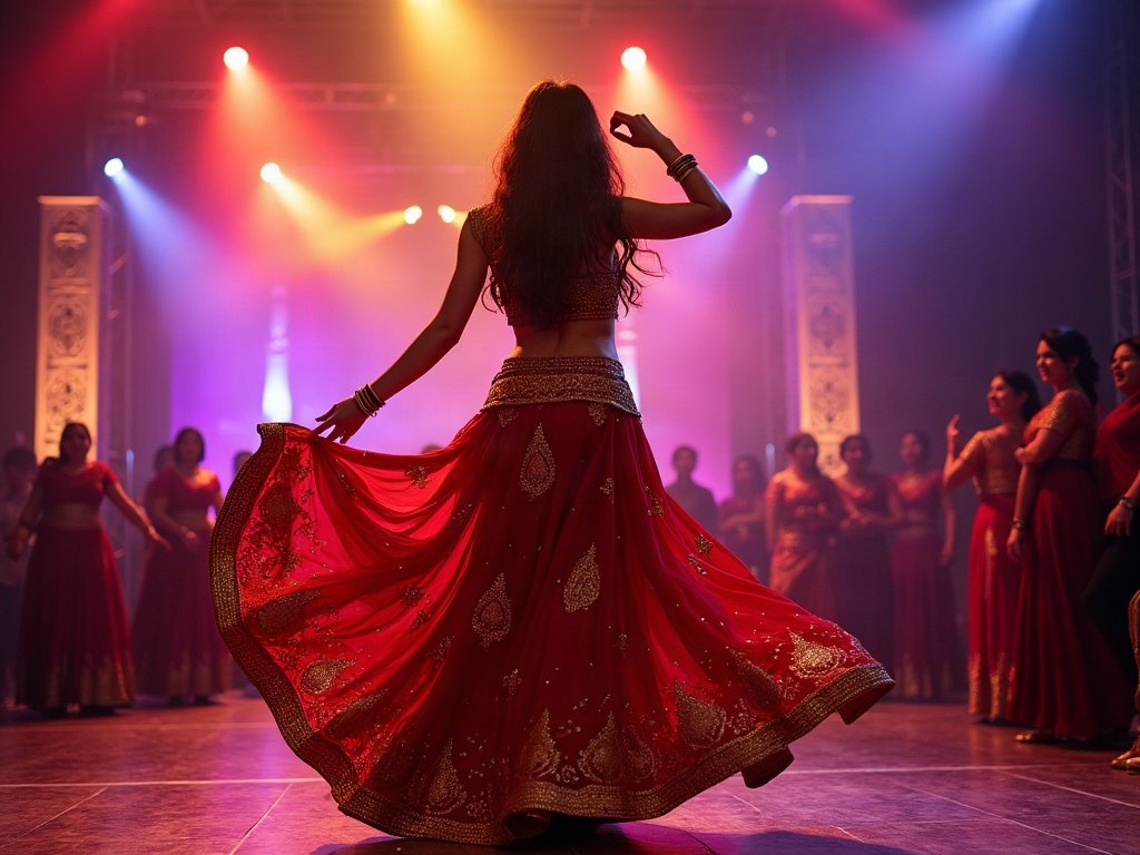 Bollywood dancer twirling in a red lehenga on stage in Dubai