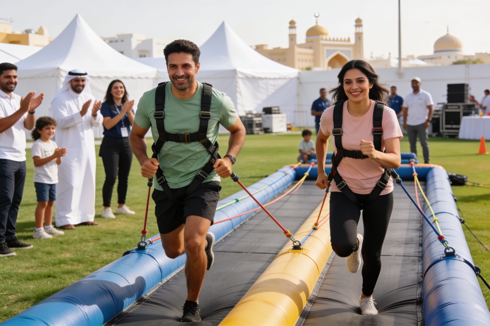 Two players racing on a bungee run at a team building day in Dubai