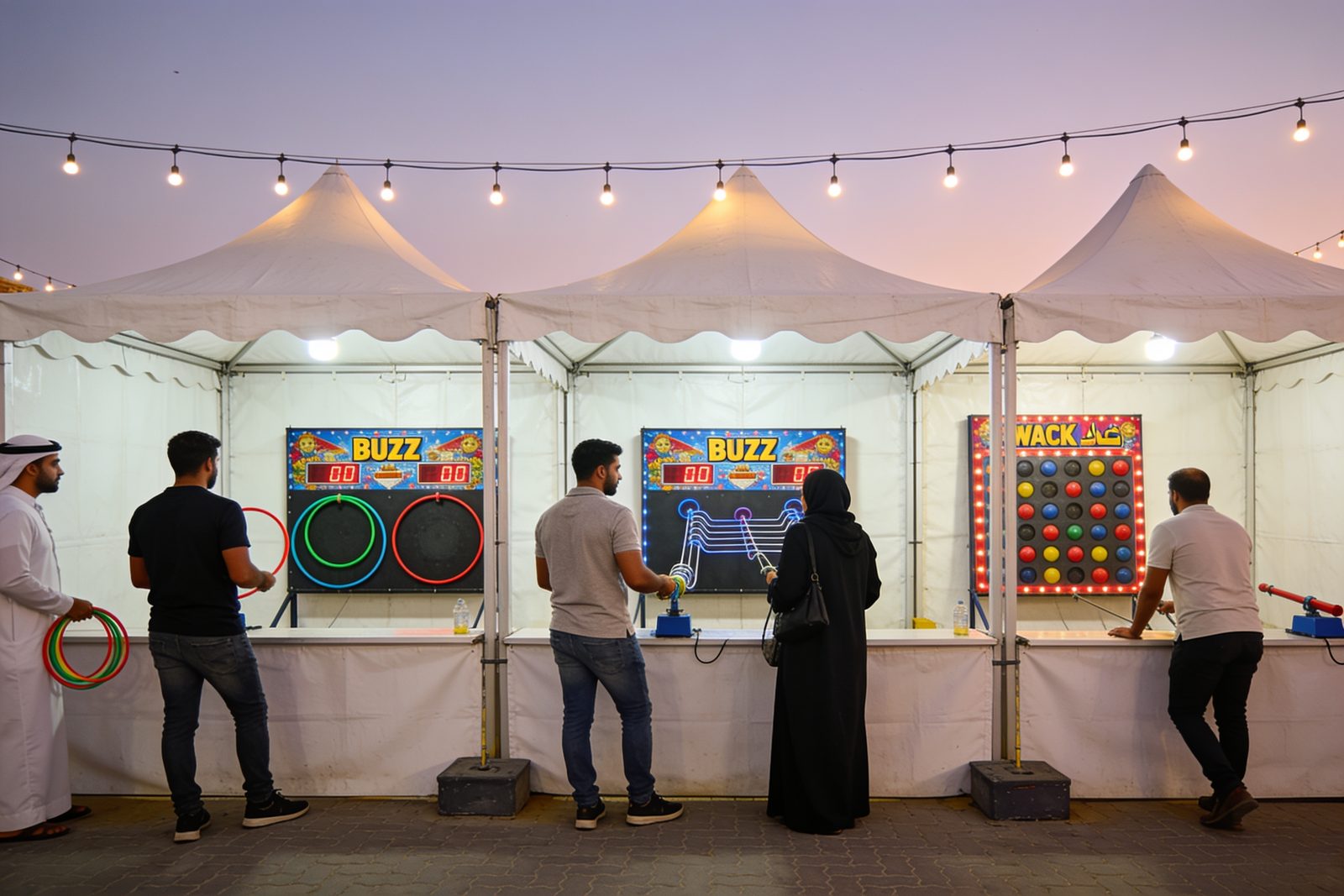 A line of carnival game booths at a festival in Dubai