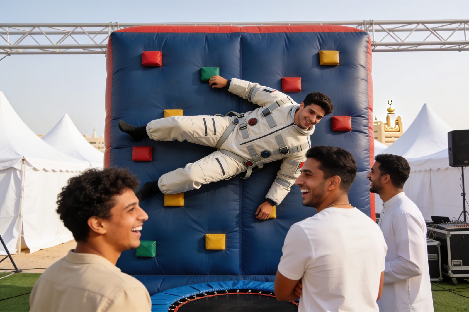 Guest stuck to a velcro wall at a party in Dubai