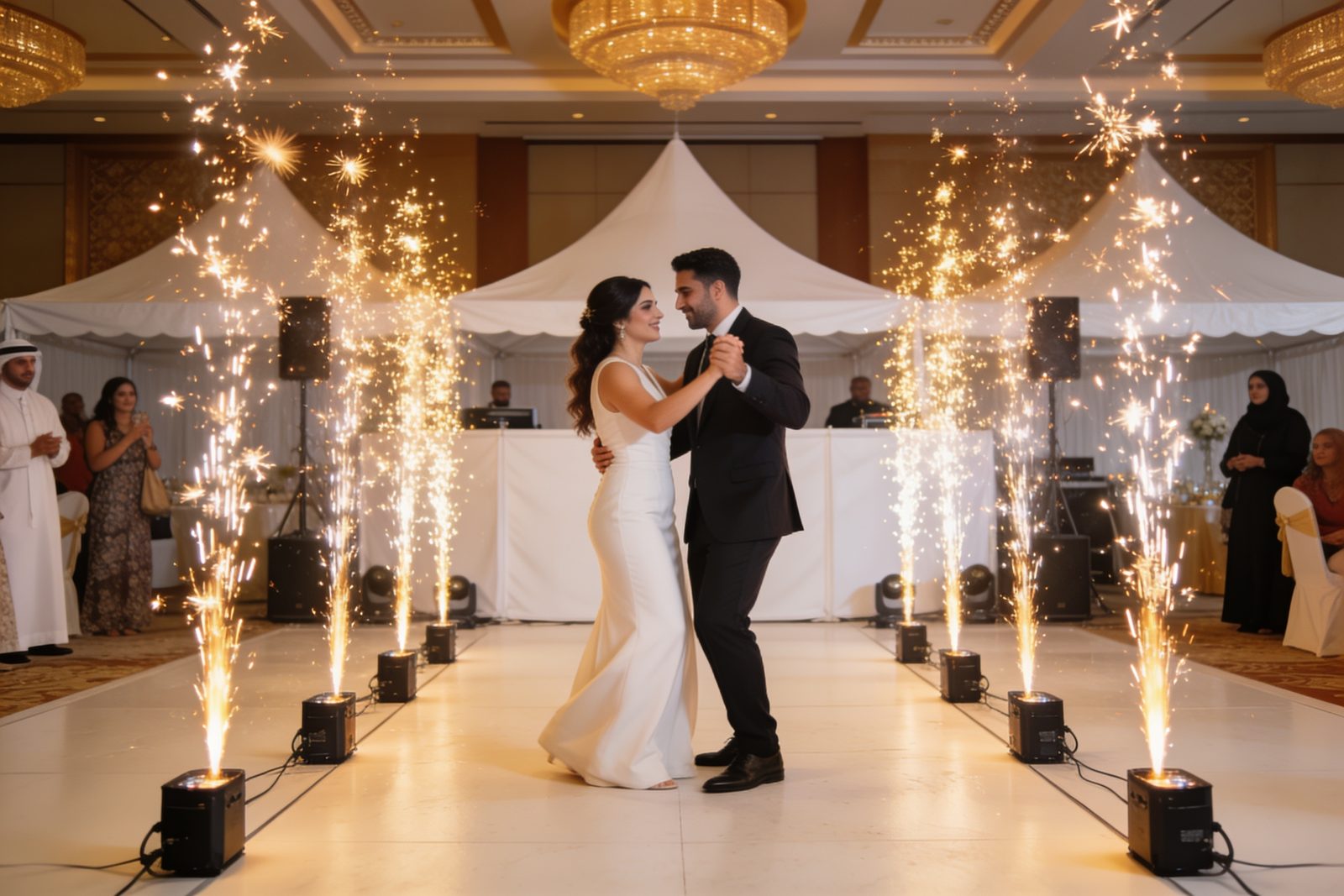 Cold spark fountains during a first dance at a Dubai wedding