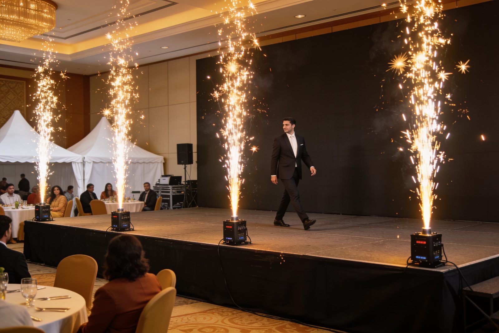 Spark machines firing on stage during a corporate gala in Dubai