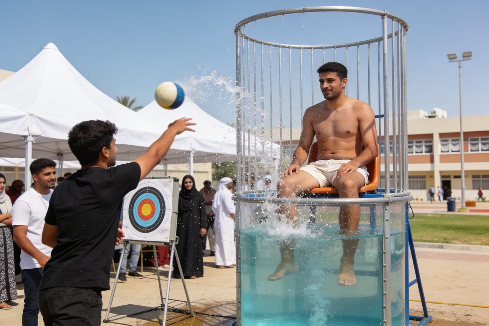Guest throwing a ball at a dunk tank in Dubai