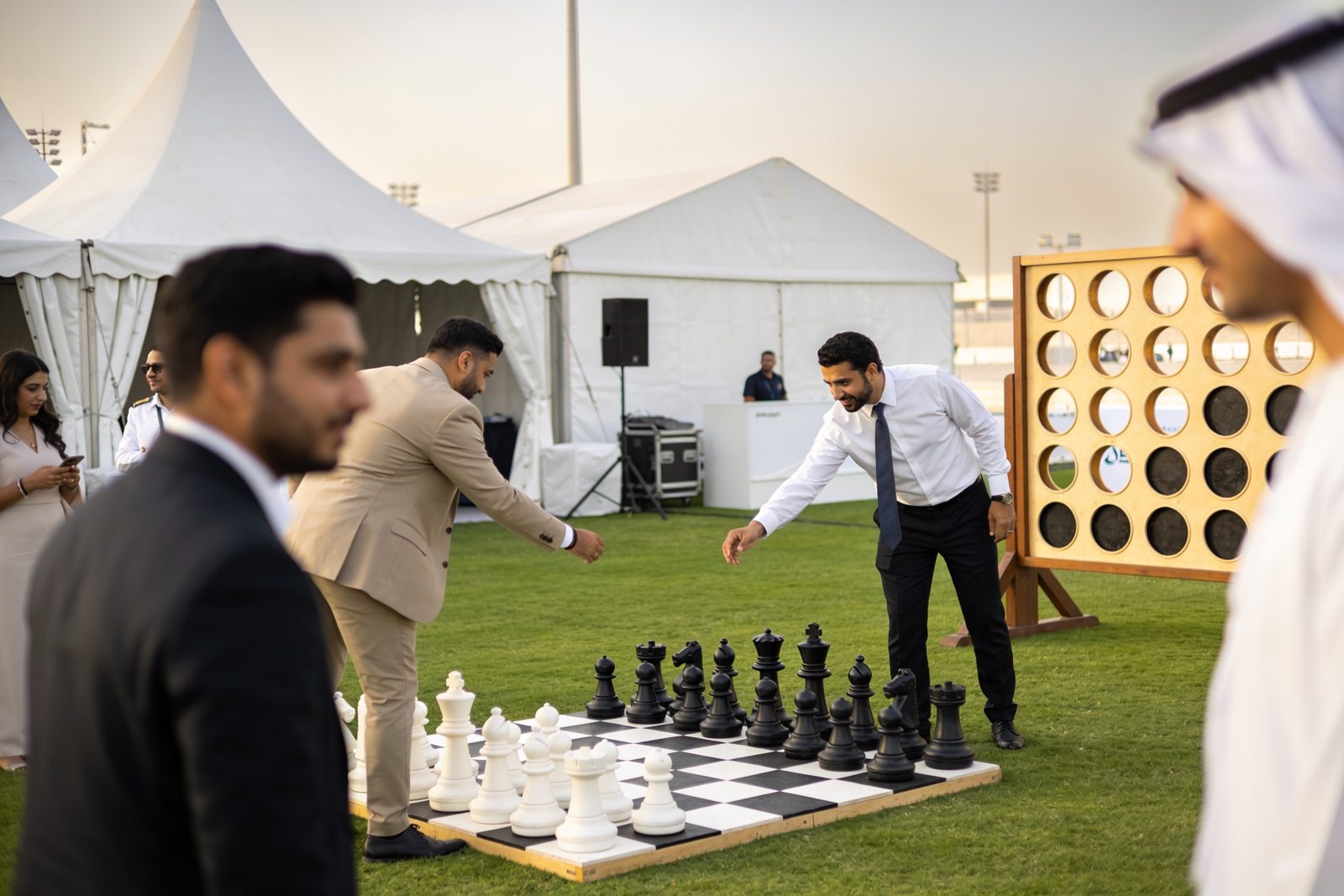 Giant chess and giant Connect 4 set up at a Dubai corporate event