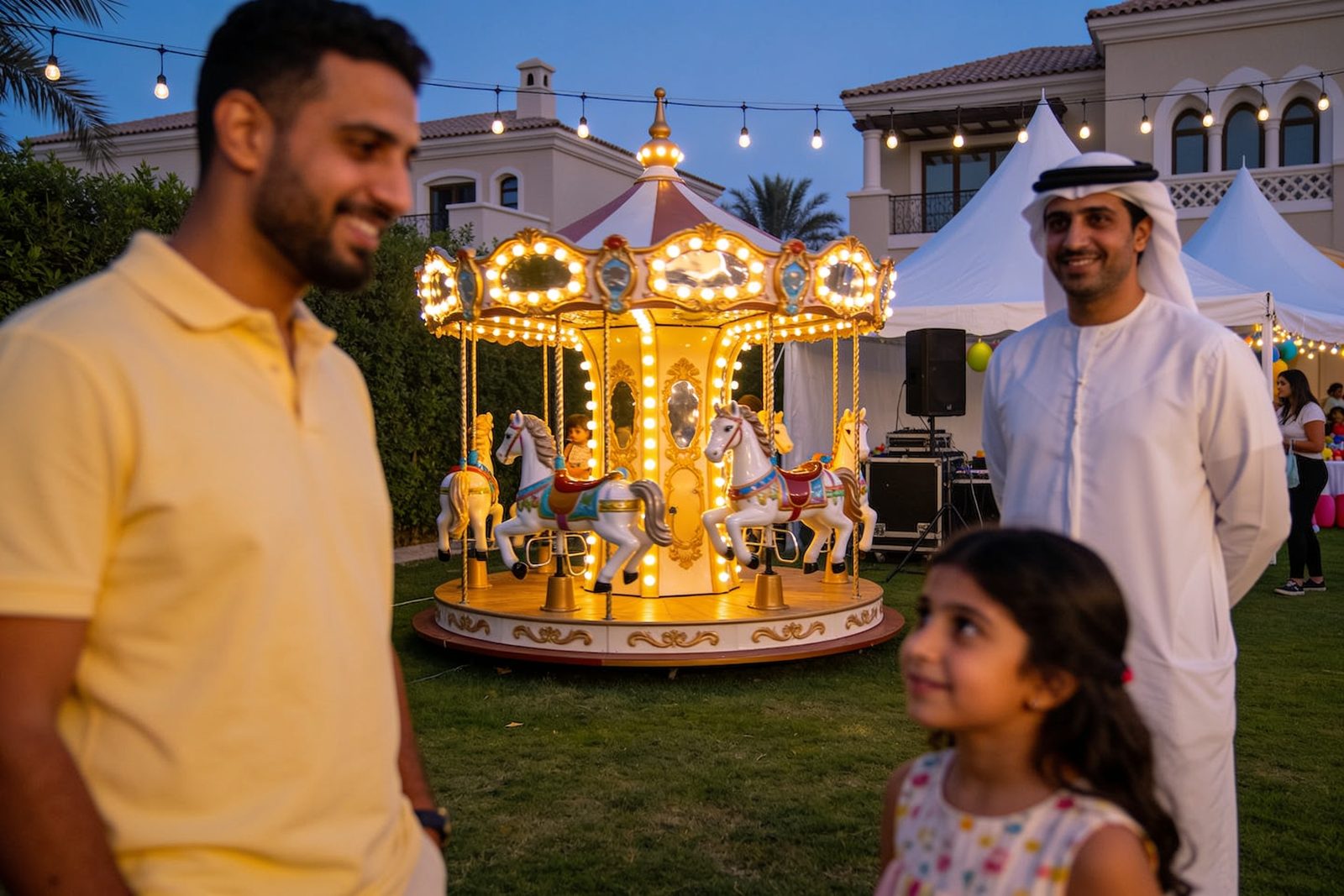 A mini carousel set up at a kids party in a Dubai villa garden
