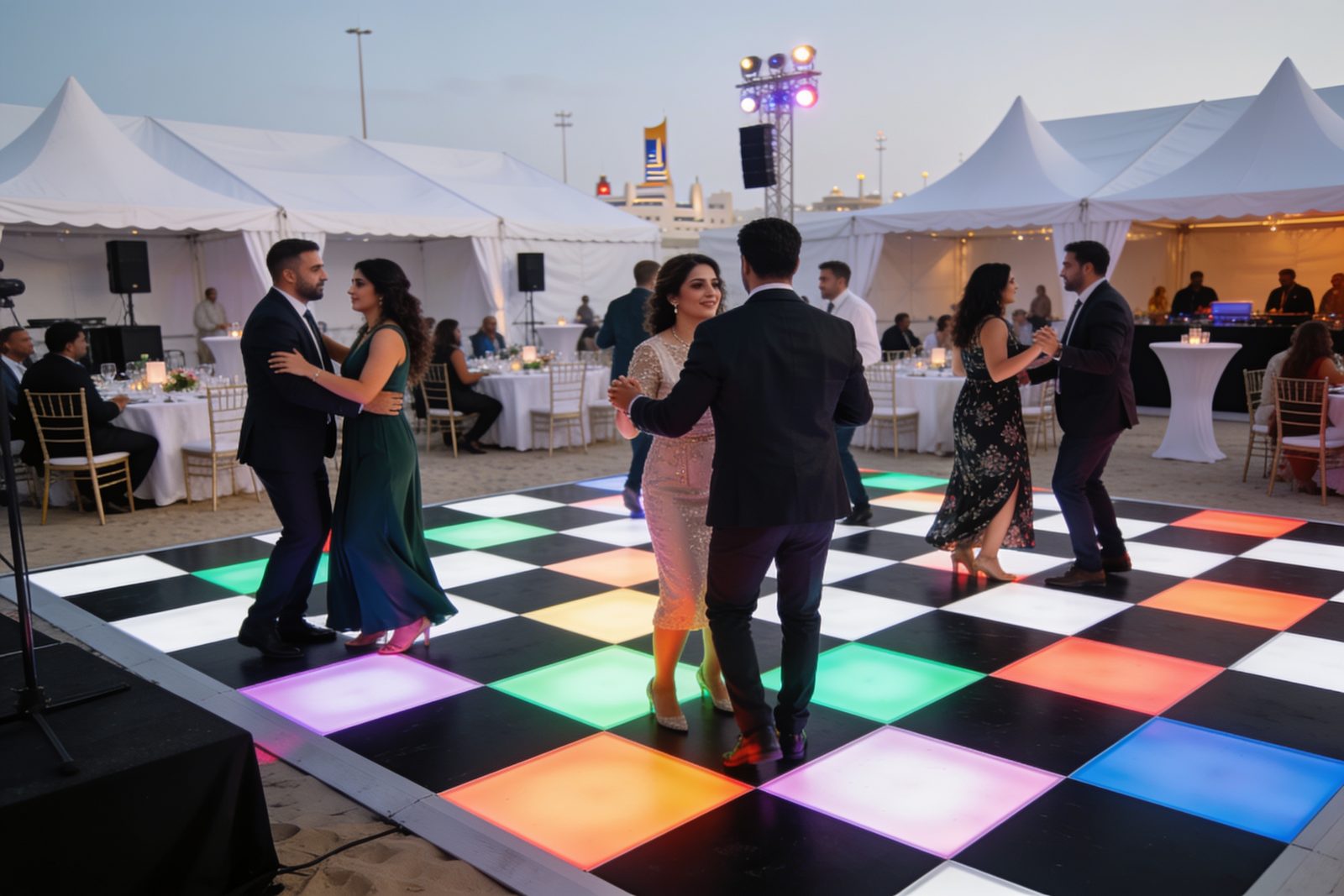 Black and white checkered LED floor at a Dubai gala evening