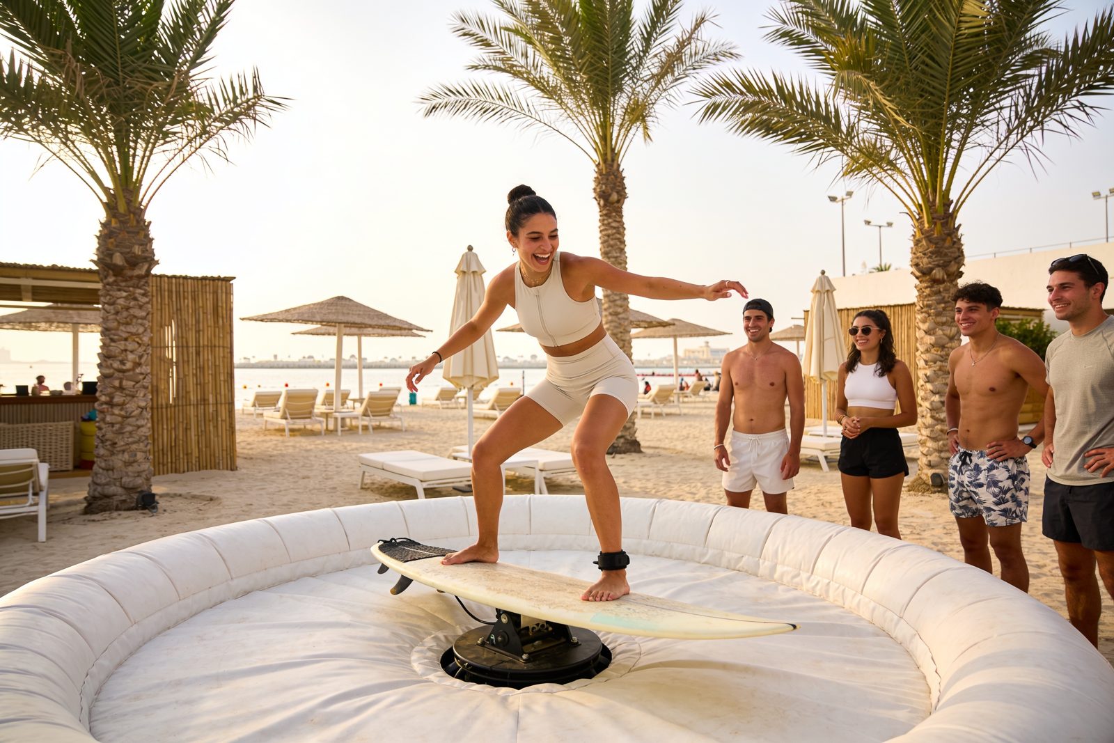A woman losing her balance on the surf simulator at a Dubai beach club