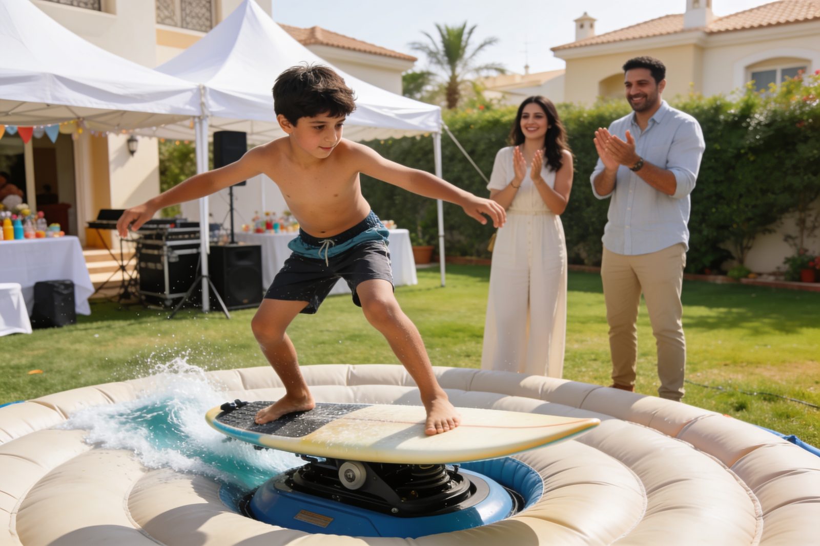 A boy taking a turn on the surf simulator at a Dubai birthday party