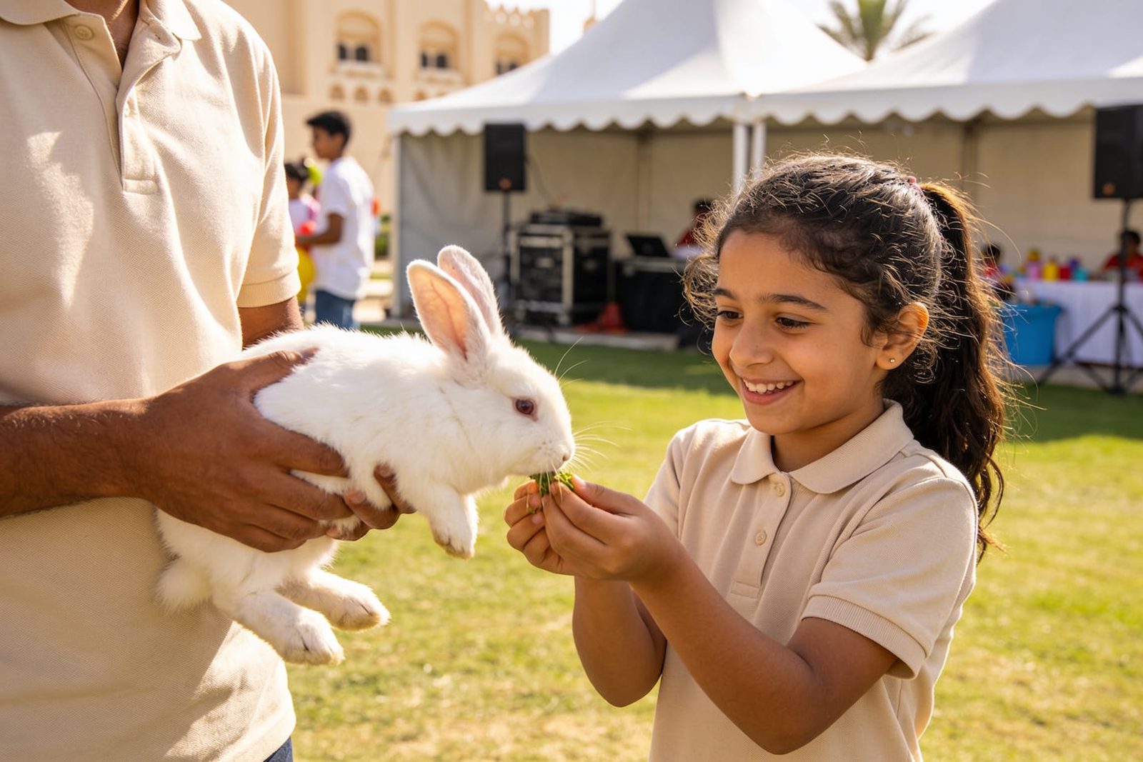 A young girl feeding a rabbit at a birthday party in Dubai