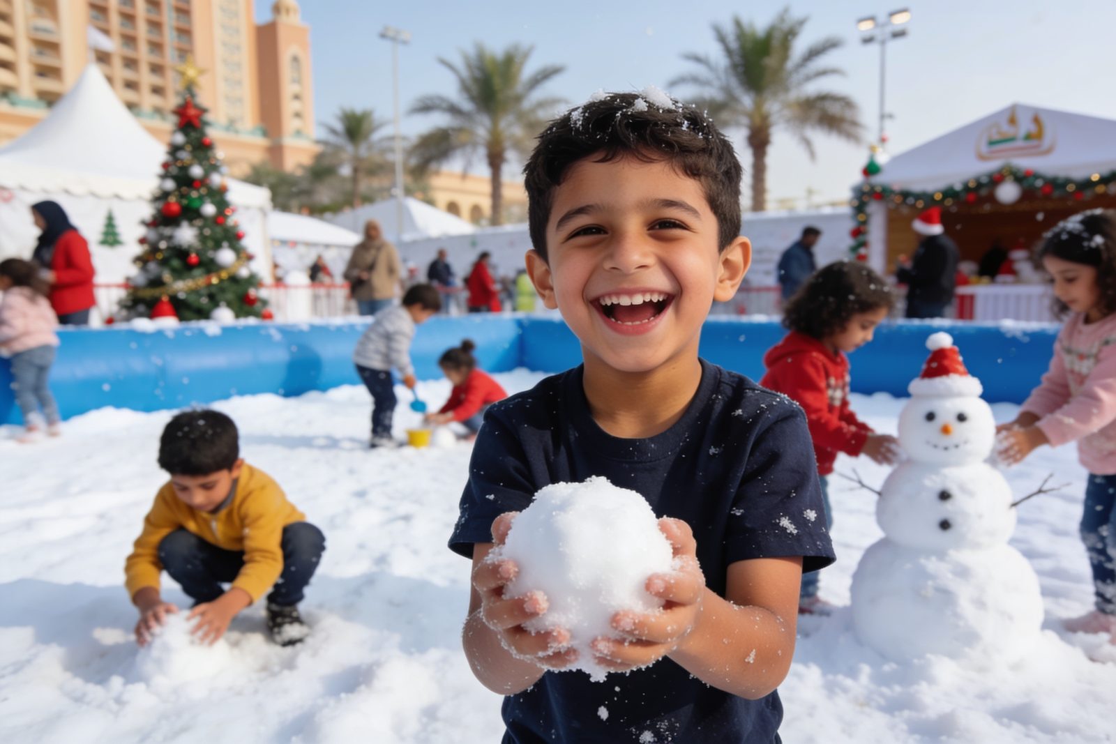 A boy holding a snowball during a Christmas family day in Dubai