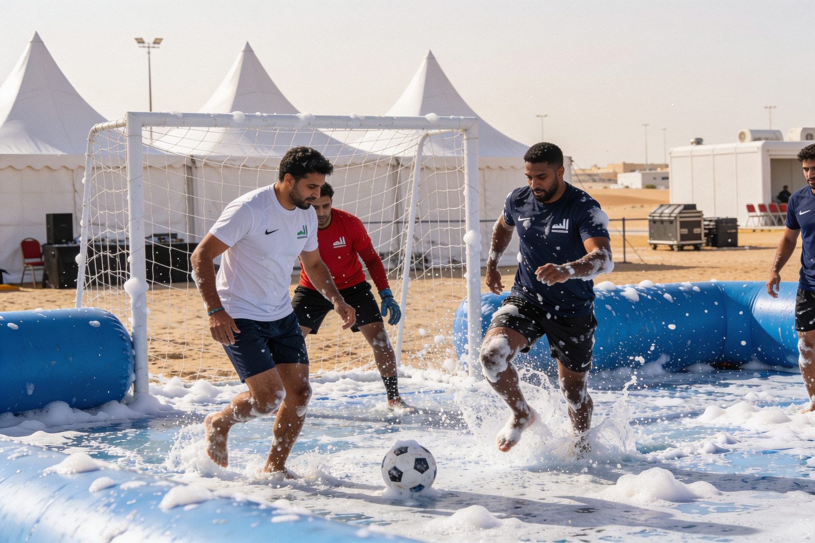 Adults playing soapy football at a team building day in Dubai