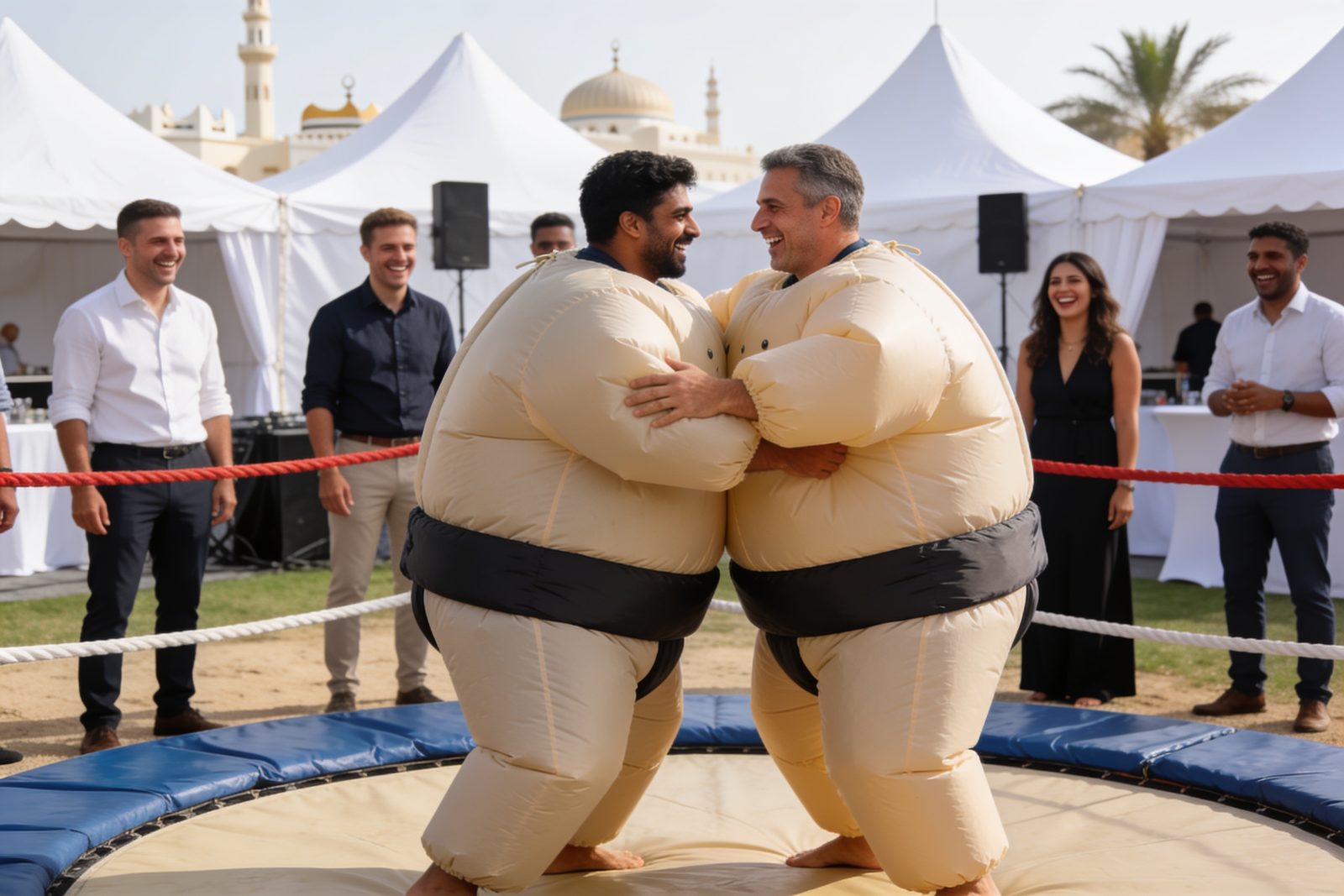 Two adults wrestling in sumo suits at a team building day in Dubai