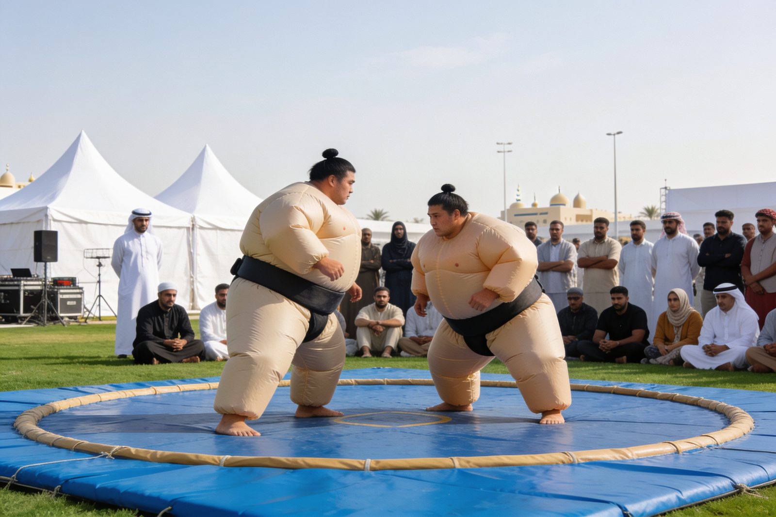 A sumo suit bout taking place on the cushioned mat at a family fun day in Dubai