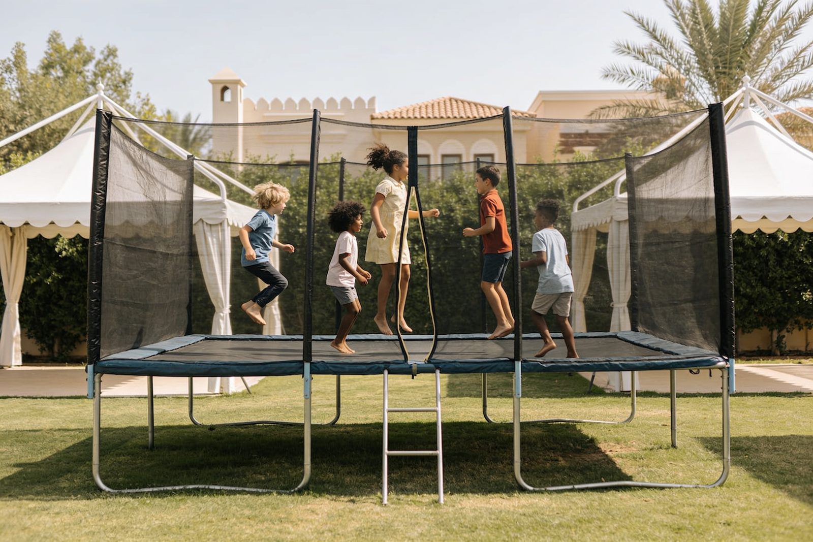 Big netted trampoline set up for a Dubai children's party