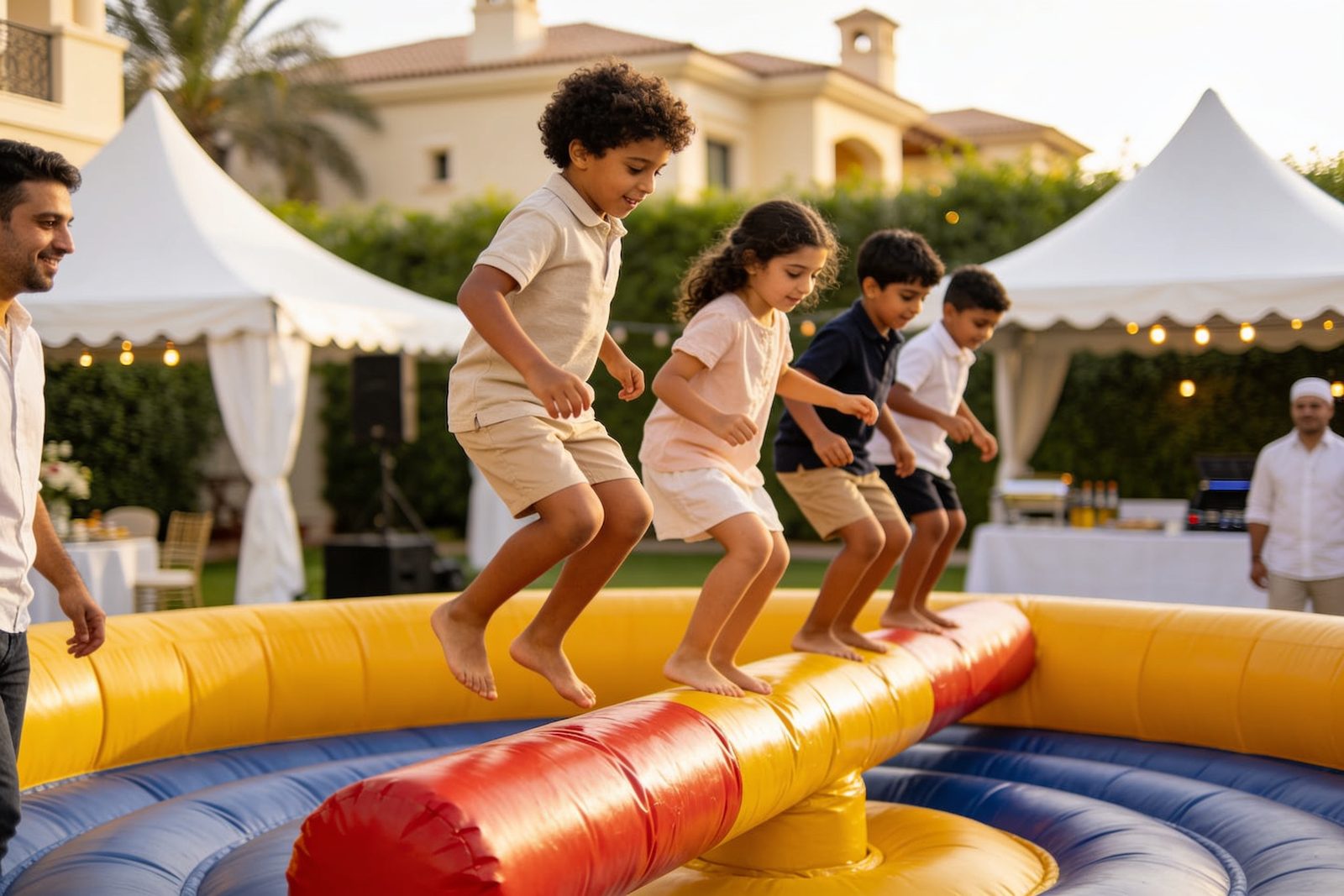 Children leaping over the meltdown arm at a party in Dubai